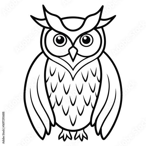 black and white Silhouette, flying Owl vector line art illustration 