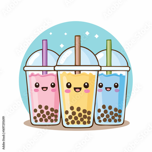 Cute kawaii-style vector of bubble tea (boba) drinks with smiling faces, tapioca pearls, and pastel colors