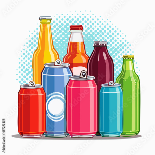 Vector illustration of soda cans and bottles in different flavors, bright pop-art style with bold colors
