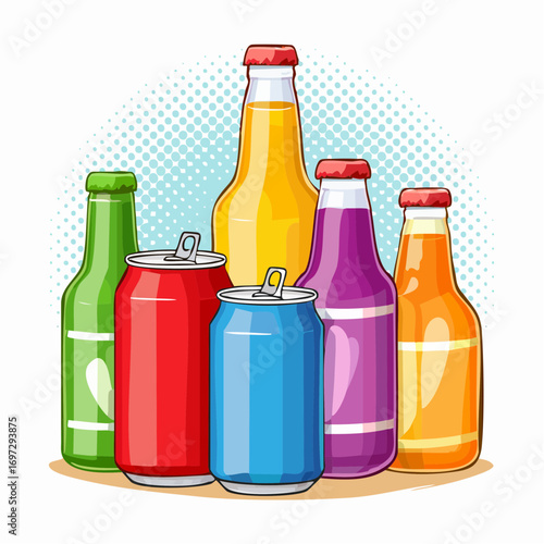 Vector illustration of soda cans and bottles in different flavors, bright pop-art style with bold colors