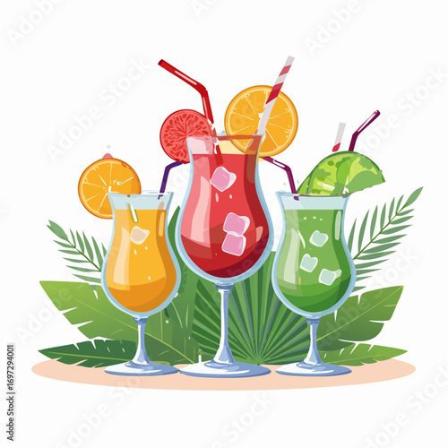 Colorful vector illustration of tropical cocktails in decorative glasses with fruit garnishes and ice cubes
