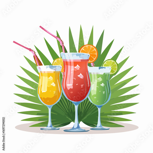 Colorful vector illustration of tropical cocktails in decorative glasses with fruit garnishes and ice cubes