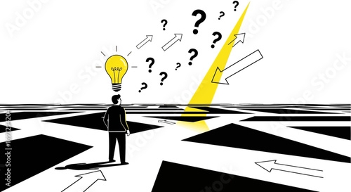 A single bright idea illuminates the correct strategic path for a businessman navigating a complex maze of questions and challenges