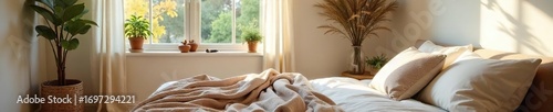 Cozy and serene bedroom interior with natural light streaming through the window, highlighting the calming decor and soft textiles , sheets, house interior
