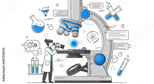Vector illustration of a scientist working with a microscope in a laboratory, surrounded by icons representing research, analysis, and discovery