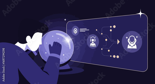 Visionary business forecasting concept showing a person looking into a crystal ball to predict a future customer journey and technological evolution