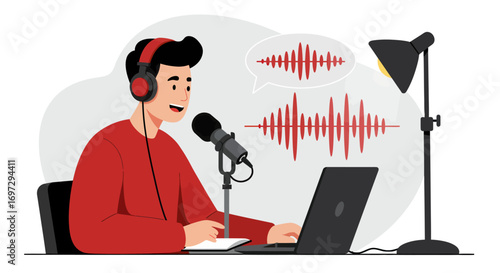 Young Man Recording Podcast with Microphone and Headphones