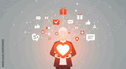 An elderly man holding a glowing heart, symbolizing brand loyalty and customer appreciation through a network of positive social media feedback icons