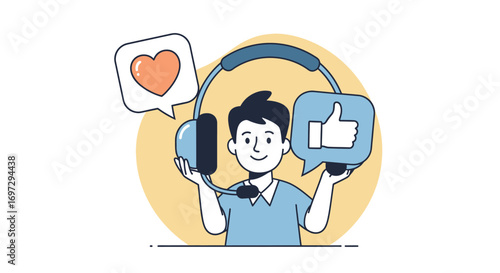 Friendly Customer Support Illustration with Positive Feedback and Headset