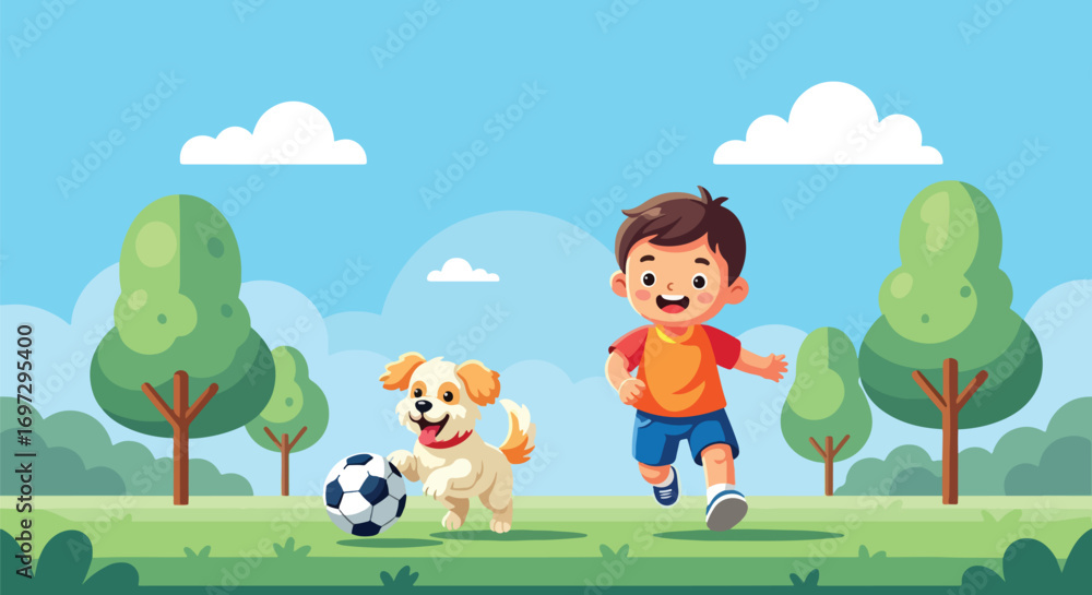 Fototapeta premium Adobe illustrator artwork vector illustration of a boy and his dog playing soccer in a park, perfect for children's books and educational content