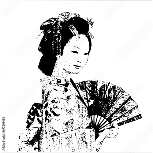 Vector Elegant geisha holds a patterned fan.