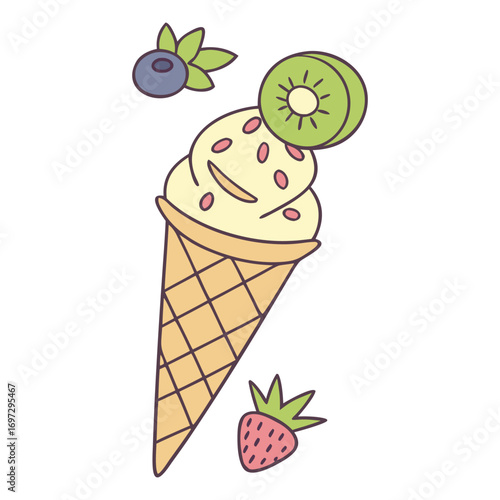 Ice-cream. Colored ice cream cones. Colorful ice cream candy in a row. Colorful Ice Cream Scoops Stacked.
