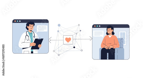 Digital healthcare concept with a doctor on a screen consulting a patient remotely through telemedicine technology