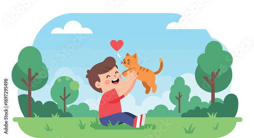 Adobe illustrator artwork vector illustration of a cheerful boy playing outdoors, happily throwing his playful cat into the air in a lush green park