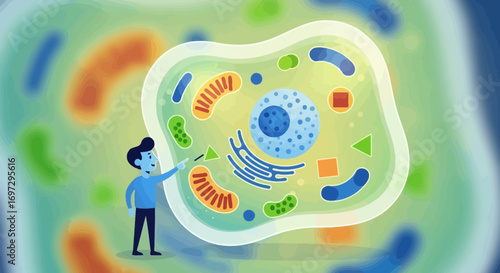 Educational biology vector illustration depicting the detailed anatomy of an animal cell with its organelles, presented by a small cartoon teacher