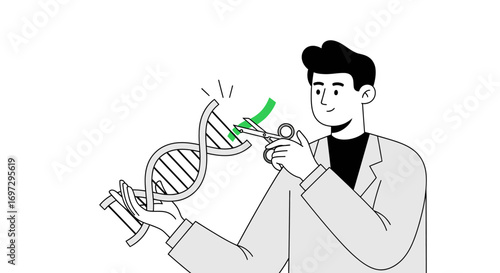 A scientist performing genetic engineering, using scissors to precisely edit a DNA strand, symbolizing biotechnology breakthroughs and innovative research