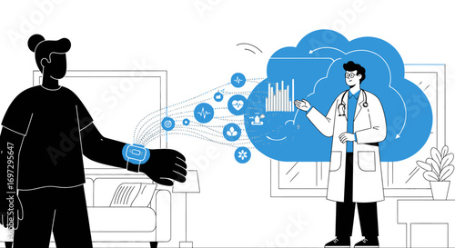 Digital healthcare concept of remote patient monitoring with a doctor analyzing data from a wearable smart device