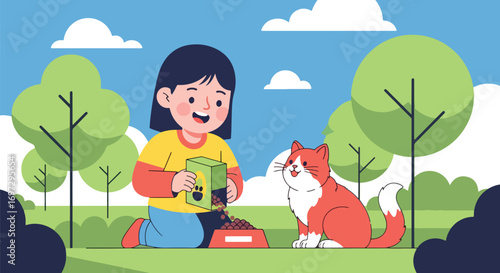 Adobe illustrator artwork vector illustration of a kind girl feeding her happy cat, perfect for themes of pet care, responsibility, and animal companionship