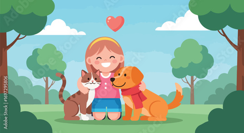 Adobe illustrator artwork vector illustration of a happy girl hugging her cat and dog, symbolizing love, friendship, and the joy of pet companionship