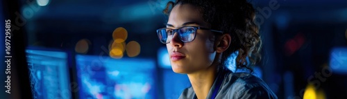 A focused woman wearing glasses works on a computer in a dimly lit environment, surrounded by screens displaying data.
