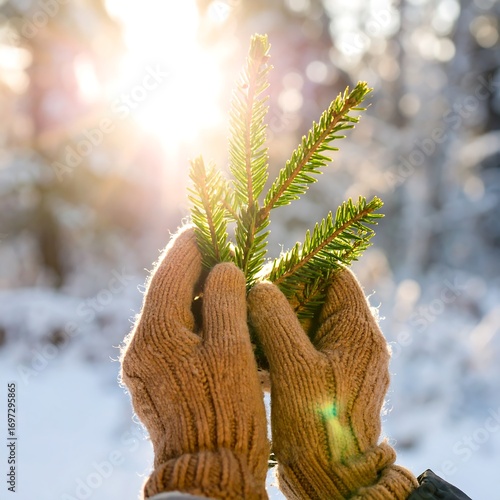 Hands holding a pine branch in winter
