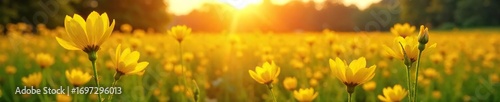 Golden hour sunlight bathes a field of vibrant yellow wildflowers, creating a breathtaking scene of natural beauty and warmth  Perfect for nature, spring, summer, and growth themes ,  ray,  light
