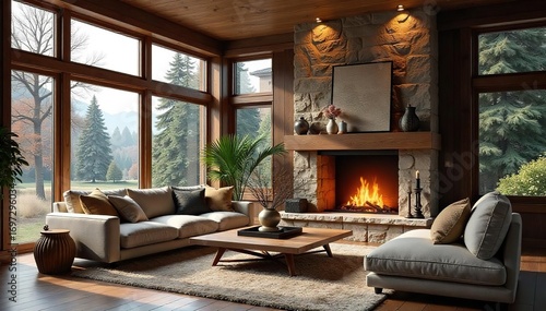 Cozy living room with fireplace, plush furniture, and large windows offering abundant natural light, creating a warm and inviting atmosphere , decor, warm, relaxation
