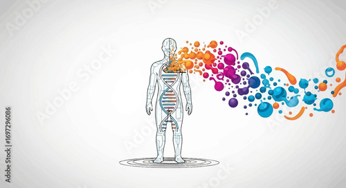 Human body concept illustration with DNA and colorful energy particles flowing outwards