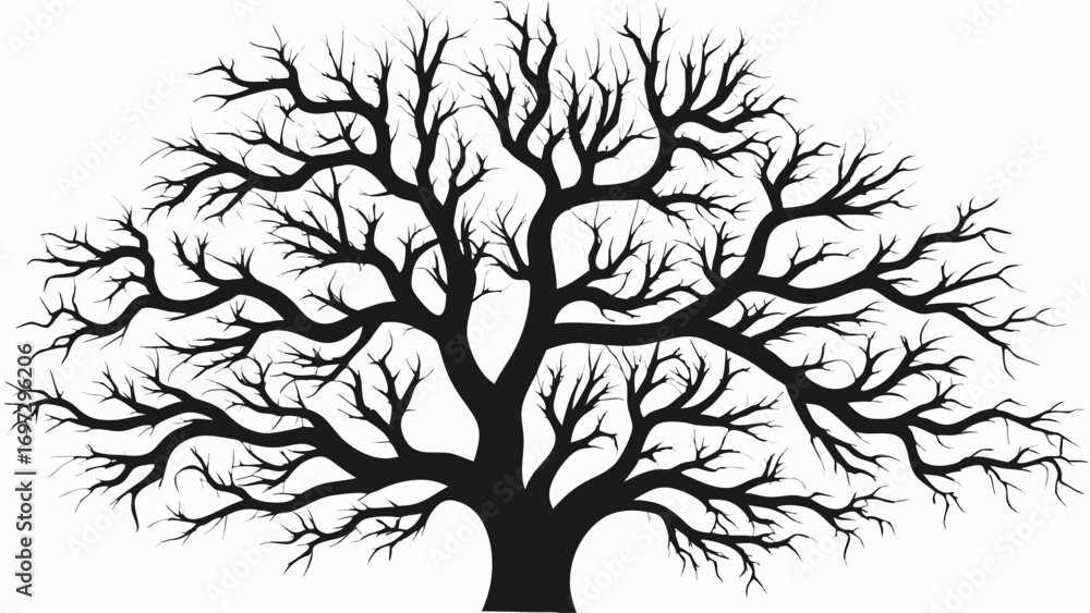 Obraz premium Striking black silhouette of a sprawling, bare tree with intricate branches reaching outward