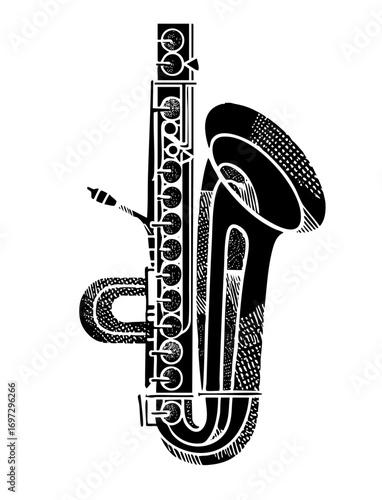 Vector Detailed black and white of a saxophone instrument.