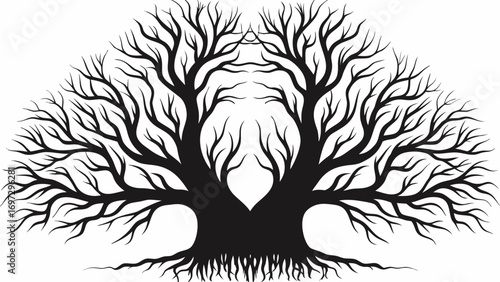 Striking black stylized tree silhouette with intricate branches and exposed roots reaching outward
