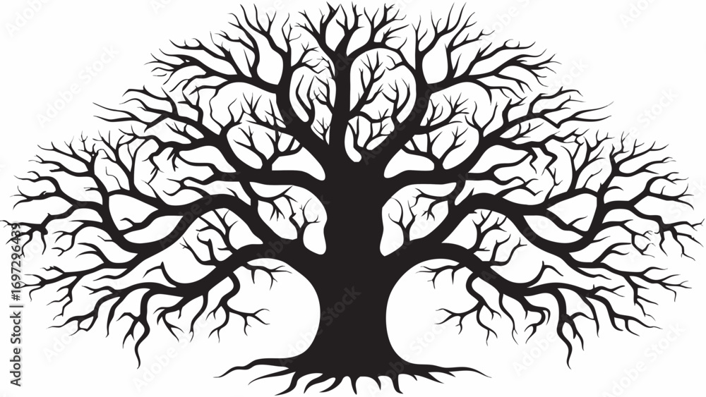 Fototapeta premium Striking silhouette of a bare tree with intricate branches, symbolizing growth and nature's resilience.