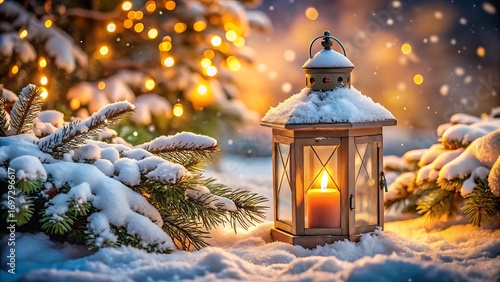 Winter landscape with lantern and candle in snowy forest scene