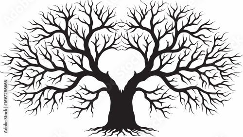 Striking black silhouette of a majestic, sprawling tree with intricate branches reaching outwards