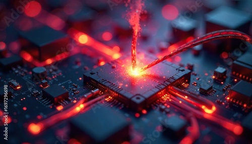 Close-up shot of a complex network of wires and circuits, glowing with vibrant energy, representing efficient energy transfer and technological advancement , vibrant, circuitry, power transmission