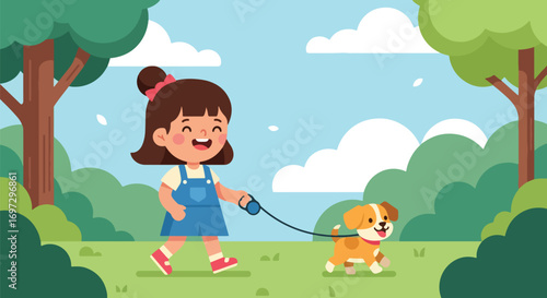 Adobe illustrator artwork vector illustration of a happy girl walking her dog on a leash in a park, perfect for themes of pet ownership, exercise, and outdoor activity