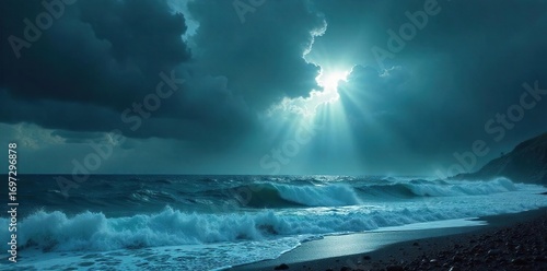 Epic stormy sky over a dark, turbulent ocean, dramatic waves crashing against the shore Perfect for apocalyptic, fantasy, or nature-themed projects , nature, wild