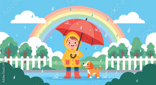 Adobe illustrator artwork vector illustration of a cheerful child with an umbrella and dog enjoying a rainy day with a rainbow, depicting joy in all weather