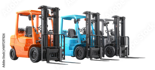 Colorful Forklifts in a Row for Industrial and Warehouse Use