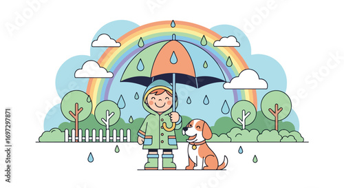 Adobe illustrator artwork vector illustration of a cheerful child with an umbrella and dog enjoying a rainy day with a rainbow, depicting joy in all weather