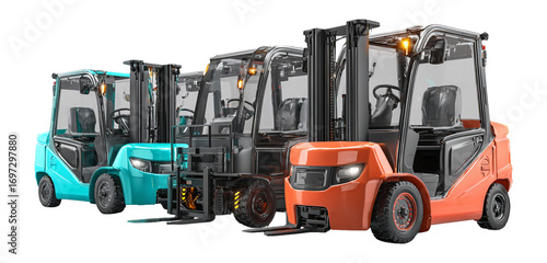 Colorful Forklifts in a Row on a White Background