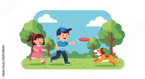 Adobe illustrator artwork vector illustration of happy kids playing frisbee with their dog in a park, perfect for themes of outdoor fun, family, and pet interaction