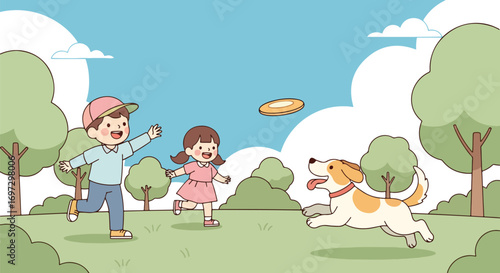 Adobe illustrator artwork vector illustration of happy kids playing frisbee with their dog in a park, perfect for themes of outdoor fun, family, and pet interaction