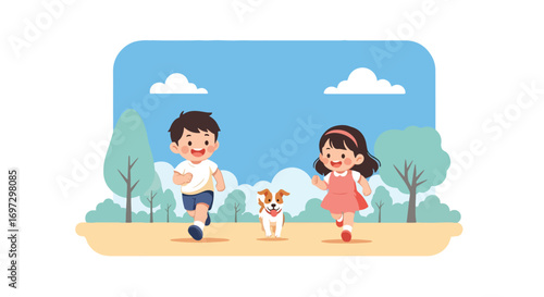 Adobe illustrator artwork vector illustration of happy kids running with their dog in a park, perfect for themes of outdoor play, family, and pet companionship
