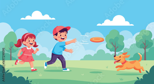Adobe illustrator artwork vector illustration of happy kids playing frisbee with their dog in a park, perfect for themes of outdoor fun, family, and pet interaction