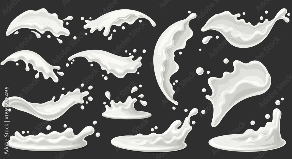 Obraz premium Collection of dynamic milk splashes and splatters for product visualizations