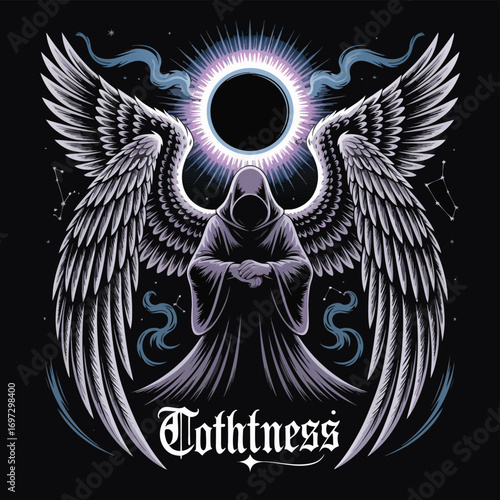 Tothness artwork featuring a hooded figure with wings and a radiant halo, set against a dark background with cosmic elements and ethereal smoke