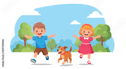Adobe illustrator artwork vector illustration of happy kids running with their dog in a park, perfect for themes of outdoor play, family, and pet companionship