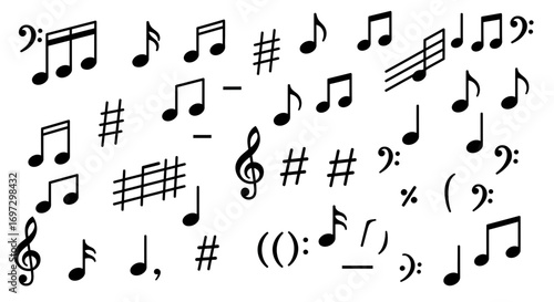 Collection of music notes and symbols for musical notation and composition