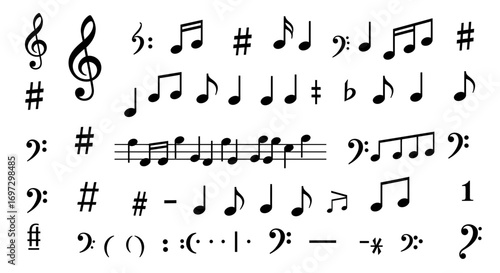Collection of musical notes and symbols for music education and composition